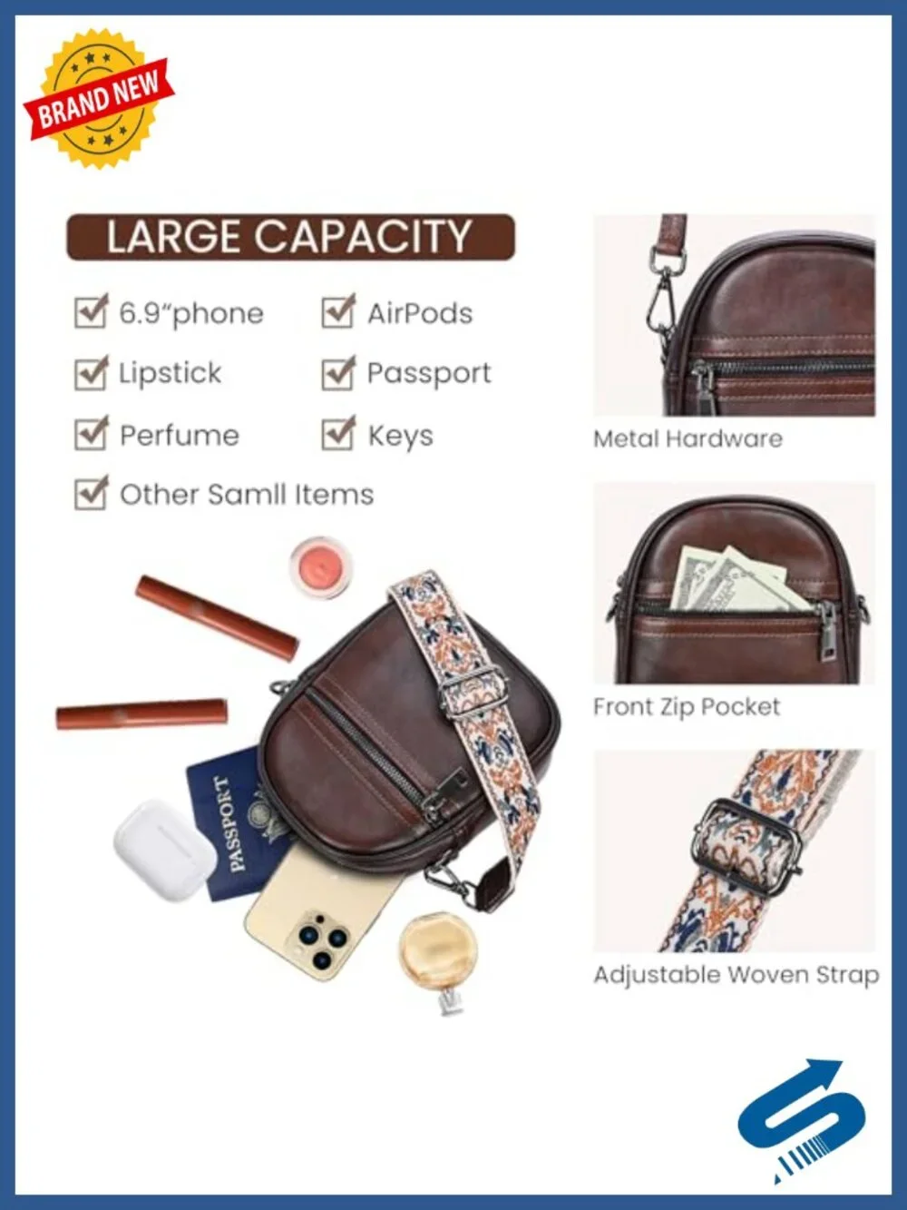 Genuine Leather RFID Blocking Crossbody Bag with Adjustable Straps